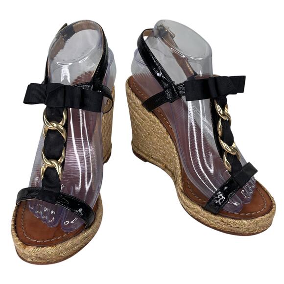 Kate Spade Espadrille Sandals Black 8 Bow Gold Chain - Picture 1 of 11